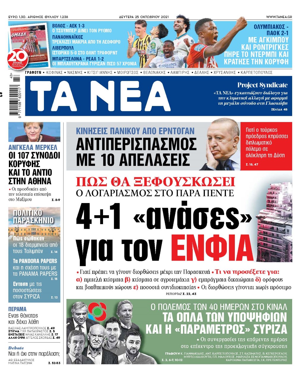 Εφημερίδες 25/10/2021: Τα πρωτοσέλιδα